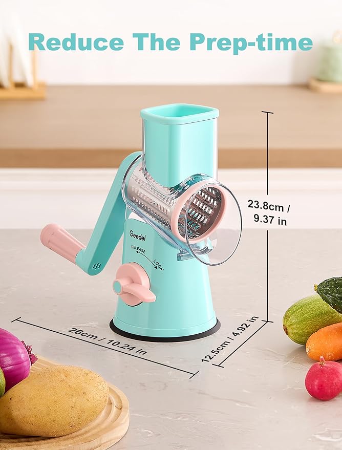Geedel Rotary Cheese Grater Cheese Shredder - Upgraded 5-in-1 Cheese Grater with Handle and Strong Suction Base, Multi-purpose Vegetable Slicer Ice Shaver Nuts Grinder for Cheese, Vegetables, Ice