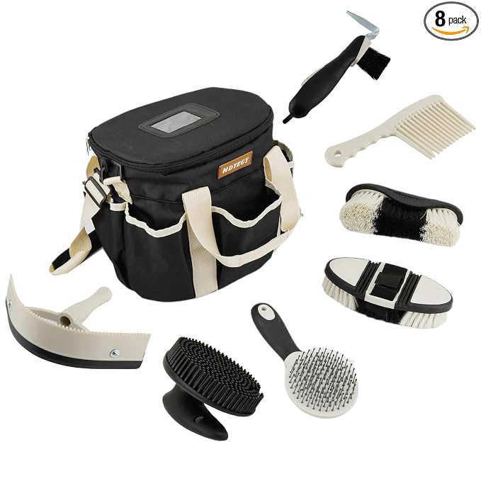 8Pcs Horse Grooming Kit,Horse Brush Set Equine Care Cleaning Kit with Organizer Tote Bag, Tack Room Supplies Set for Grooming and Bathing