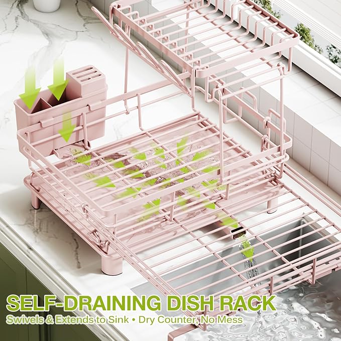 2-Tier Expandable Dish Drying Rack, Kitchen Counter Pink | Large Capacity Kitchen Organization, Heavy-Duty Carbon Steel, Swivel Drain Spout, Cup Hooks & Utensil Holder