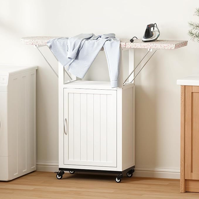 Rolling Ironing Board with Storage Cabinet, Folding Ironing Board, White | Small Ironing Board Cabinet with Wheels, Wooden Fold Down Ironing Station with Heat-Resistant Sponge for Small Space
