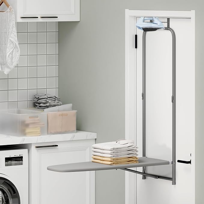 COSTWAY Over the Door Ironing Board, Space-Saving Metal Hanging Iron Board | Iron Holder & Cotton Cover, Compact Fold Down Iron Stand for Home, Apartment, Laundry Room, Dorm, 42"L x 17"W x 50"H