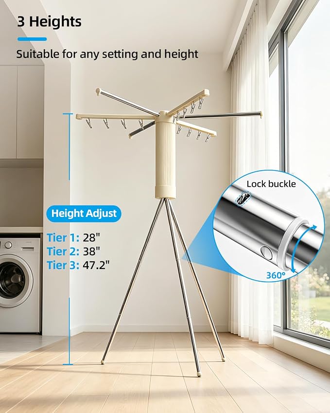 Foldable Tripod Clothes Drying Rack for Balcony, Hotel, Apartment, Bedroom | Portable Drying Rack Clothing Laundry Drying Rack for Travel, Camping with 3 Tent Pegs. Steel Frame with 12 Clips, Windproof