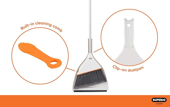 Superio Angle Broom with Clip-On Dustpan Set Angle Shape to Reach Narrow Spaces. (Soft Gray)