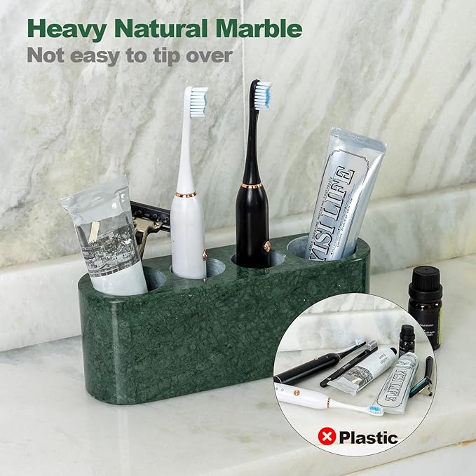 BCS Toothbrush Holder for Bathrooms, 4 Slots Marble Toothbrush and Toothpaste Holder Stand Bathroom Organizer Countertop for Electric Toothbrush, Floss, Razor, Comb - Italy Green