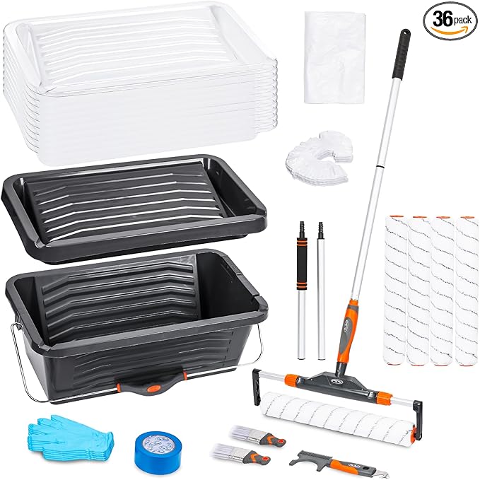 36pcs 12"-18" Adjustable Large Paint Roller Kit: Bucket Tray Liners, 1-5Ft Aluminum Extension Poles, Brush & Roller Cleaner, 18" Nylon Covers for Wall,Ceiling,Floor,Interior,Exterior Painting