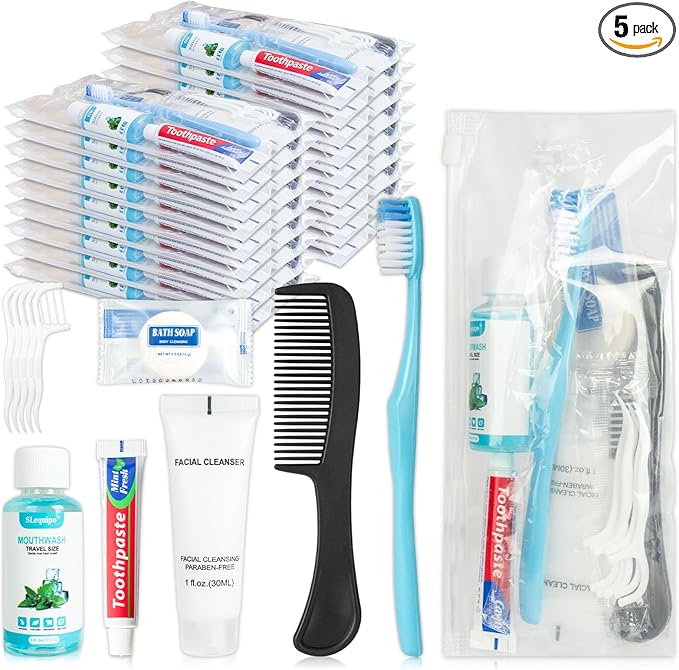 Travel Toothbrush Kit Bulk Hygiene Kit Bulk Individually Packed with Mouthwash,Toothpaste,Comb,Zip Bag,Facial Cleanser,Soap and Floss Picks for Hotel Camping Homeless (30)