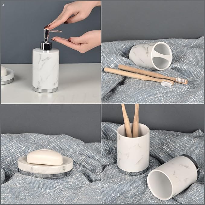 Soap Dispenser Set White, Set of 5 Bathroom Accessories, with 2 Toothbrush Cups, Soap Dish, Toothbrush Cup, Ceramic Soap Dispenser, for Bathrooms, Apartments, Dormitories,White d