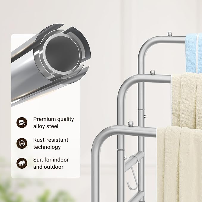 ELYKEN 40" H Freestanding Towel Rack with Shelf, 3 Tier Towel Stand, Silver | Metal Drying Rack for Oversized Bath Towels & Blankets, 4 Hooks, Indoor & Outdoor Use, Fits Bathroom, Tub, Shower, Poolside