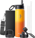 Coolflask Water Bottle 20 oz Insulated with Straw, Stainless Steel Metal 3 Lids Water Flask Wide Mouth for Sports or Office, Non-BPA Keep Cold Up to 48 Hrs or Hot Up to 24 Hrs, Ombre Yellow/Orange