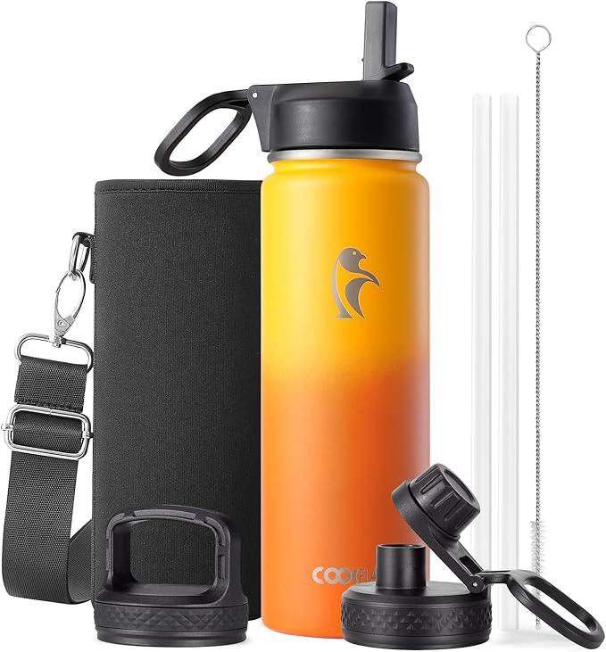 Coolflask Water Bottle 24 oz Insulated with Straw, Stainless Steel Metal 3 Lids Water Flask Wide Mouth for Sports or Office, Non-BPA Keep Cold Up to 48 Hrs or Hot Up to 24 Hrs, Ombre Yellow/Orange