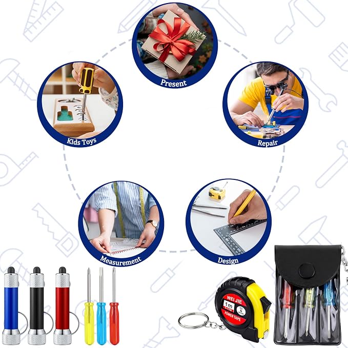 Jutom 36 Pcs Mini Tape Measure Keychain Screwdriver LED Light Keychain Bulk Men Adult Tool Party Gifts Prize for Man Father's Day Housewarming Gifts Adult Useful Tool Favors (Blue,Black,Red)
