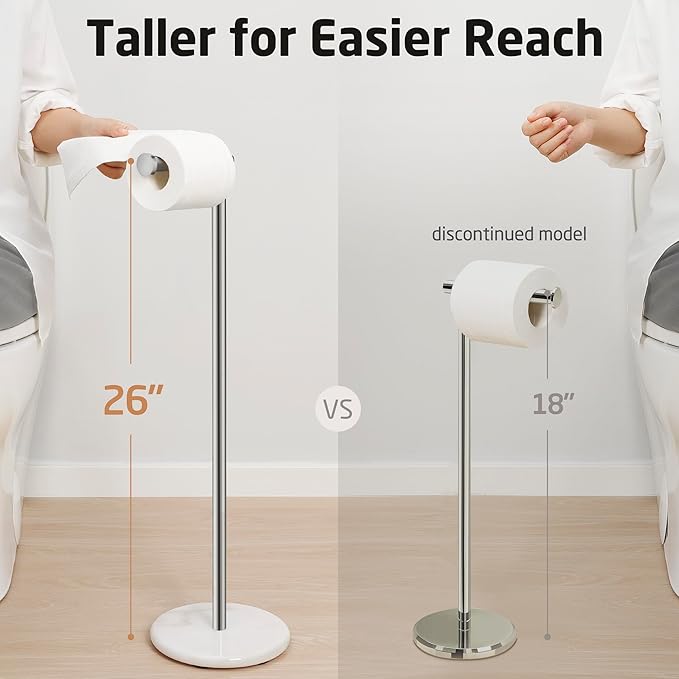 KES Extra High Toilet Paper Holder Freestanding 26", Toilet Paper Holder Stand with Natural Marble Base, Floor Free Standing Toilet Paper Holders 18/8 Stainless Steel Polished Finished, BPH284S66