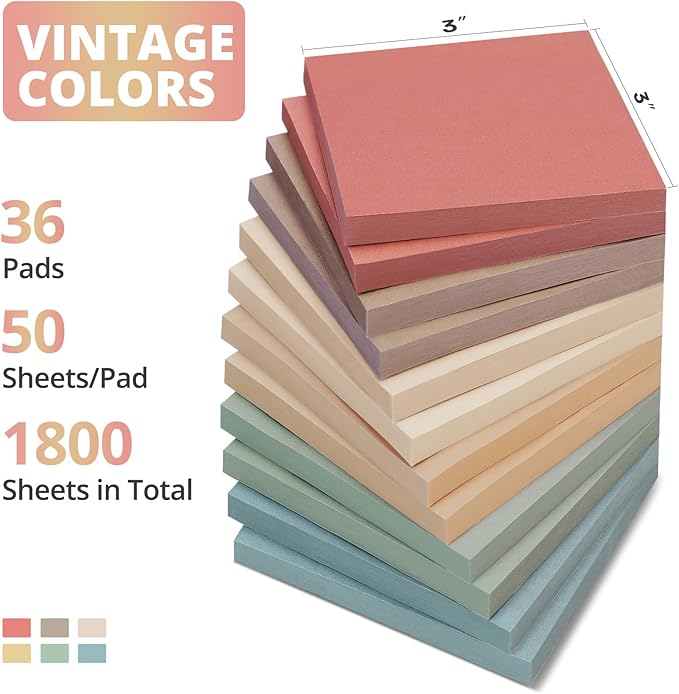 Sticky Notes, 3x3 Inch, 36 Pads, Aesthetic Self-Stick Note for Office, School and Home, Ideal for Planning, Notes and Organization, Vintage Colors