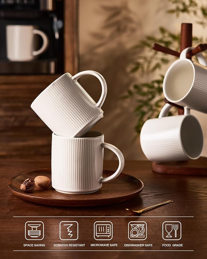 famiware Coffee Mug Set for 4, Star 16 oz Catering Mugs Cup Set with Handle for Coffee, Tea, Cocoa, Milk - Ceramic Stoneware Drinkware Set, Matte White