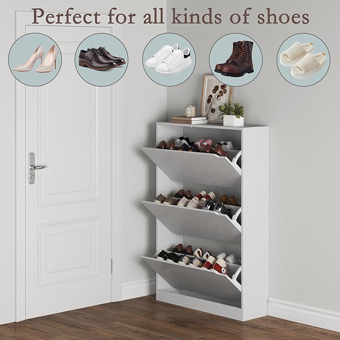 BORNOON Shoe Cabinet with 3 Flip Drawers, Hidden Wood Shoe Cabinet,Freestanding Shoe Storage Cabinet for Entryway Hallway.White. 47.2" H*31.5" W*9.45" D.