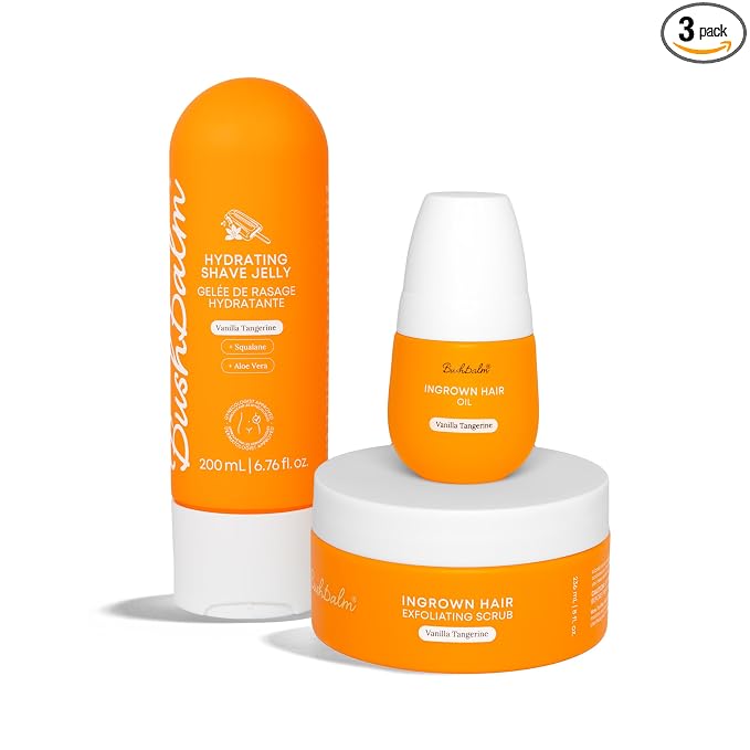 Bushbalm Shaving and Ingrown Hair 3 Step Routine – Reduce Razor Bumps & Hydrate – Shave Jelly, Ingrown Hair Oil and Exfoliating Scrub – Vanilla Tangerine