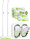 Wall Mounted Disposable Toilet Brush System with Holder, Toilet Bowl Cleaning Wand with Green Refills and One-Button Release, 2 Wands and Holders with 60 Green Refills