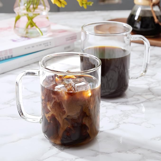 Glass Coffee Mugs, 24 oz Ice coffee cups, Large Clear Tea Cups Set of 4, Glass Mugs with Handles, Glass Cups for Latte, Cappuccino, and Tea