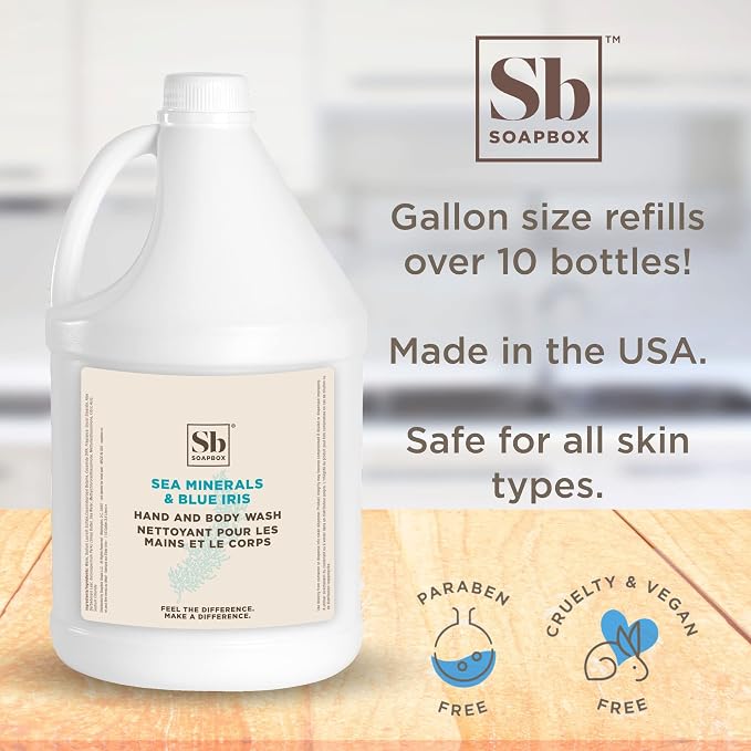Soapbox Sea Minerals & Blue Iris Hand Soap and Body Wash, 2 in 1 Moisturizing Body & Hand Wash - Clean Ingredients Free of Harsh Chemicals, Sulfates, Parabens & Silicones - 1 Gallon Bottle