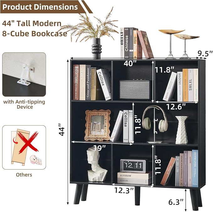 LEYAOYAO 8 Cube Bookshelf,Mid-Century Modern Book Shelf with Legs, Black | 3 Tier Bookcase, Rustic Wood Bookshelves Freestanding Large Storage Organizer, Open Shelves for Bedroom, Living Room, Office