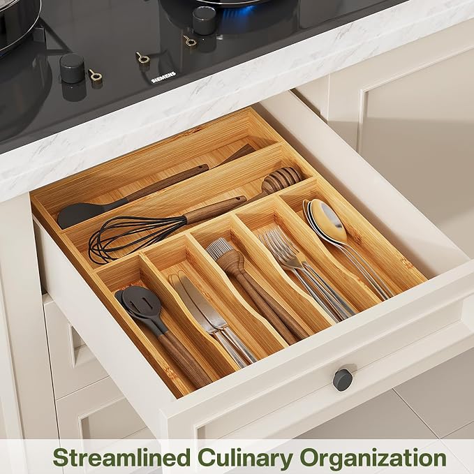 BAMEOS Bamboo Flatware Organizer 16.5×12.8 –Silverware Tray for Small Kitchen Drawers, 2" H Cutlery Holder | Forks, Spoons, Knives