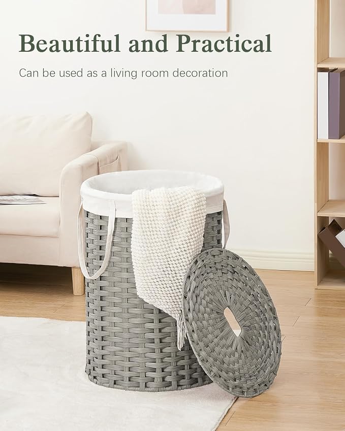 SETVSON Laundry Basket with Lid Round 29.1 Gal (110 L) PE Rattan, Gray | Decorative PE Rattan Furniture Look for Bedroom, Round Laundry Hamper with Lid, Removable Bag, 2 Mesh Bags, Handles
