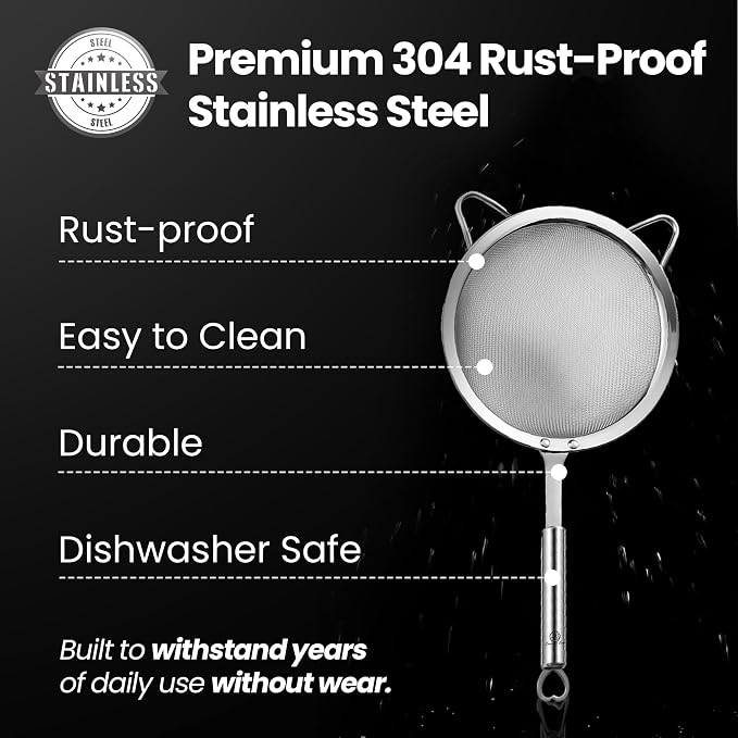 Stainless Steel Fine Mesh Strainer Set, Colander Set with 1 Large Flour Sifter (Sturdy Handle), 1 Small Mesh Sieve for Pasta & Rice, 1 Silicone Can Strainer – Durable, Dishwasher Safe, 5-Year Warranty