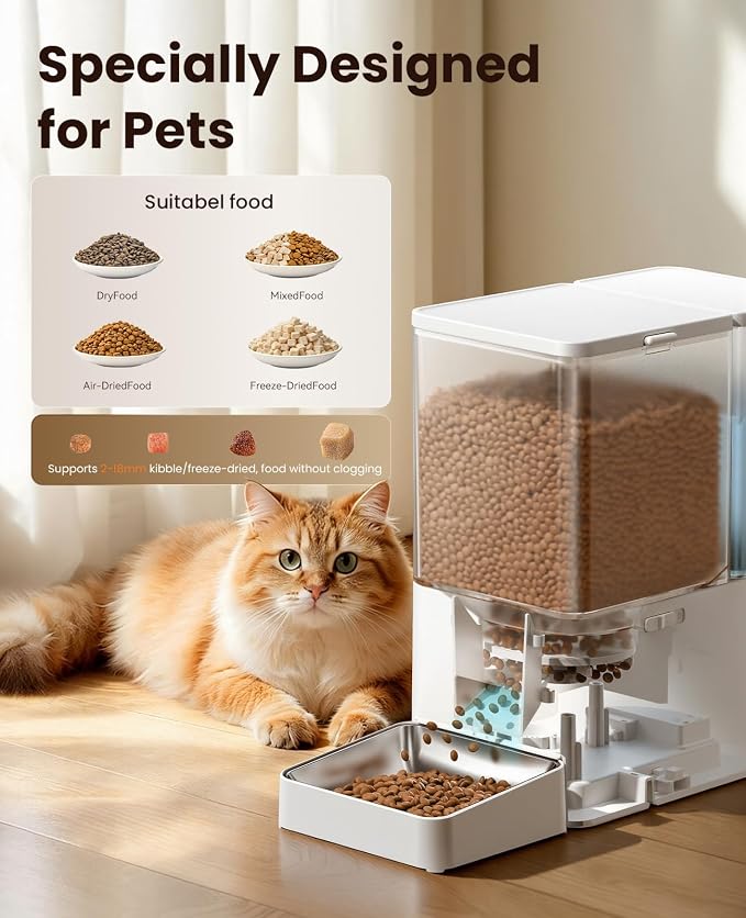 Automatic Cat Feeder & Water Dispenser,Button Customizable Feeding | 2 in 1 Feeding Drinking Water/5L Food Feeder,3.5L Water Fountain/Stainless Steel Bowls/Detachable Clean/White