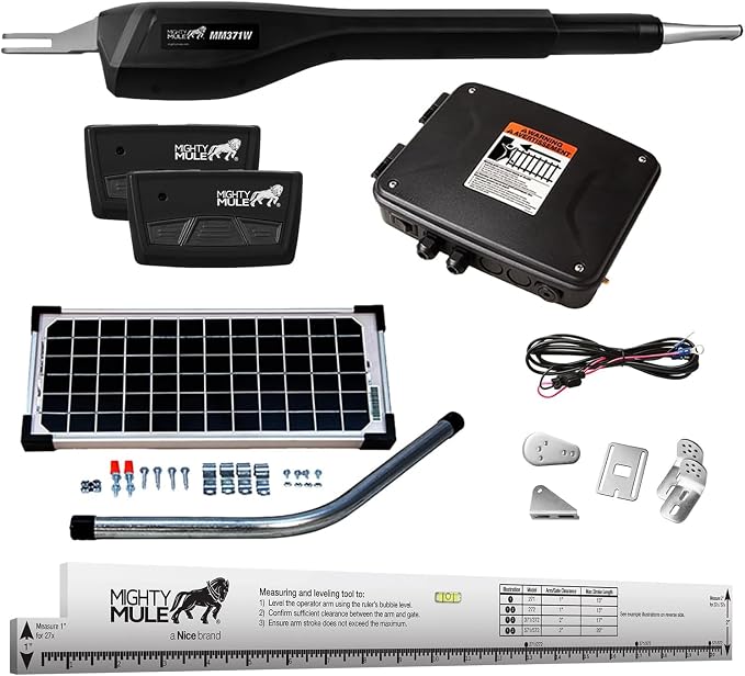 Mighty Mule MM371W-SOL-A Solar Gate Opener, Smart Ready, Includes Gate Opener Installation Ruler and More, Up to 16ft Long or 550lb, Black, Upgraded Gate Opener Kit