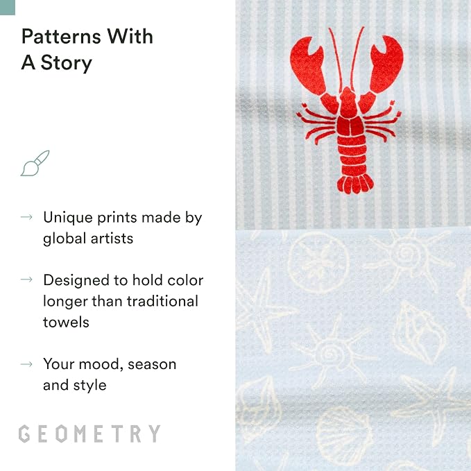 GEOMETRY Tea Towels – Spring & Summer Collection – Quick-Dry, Ultra-Absorbent, Reusable Microfiber Kitchen Towels for Drying & Cleaning - Lobster Bay - 2 Pack