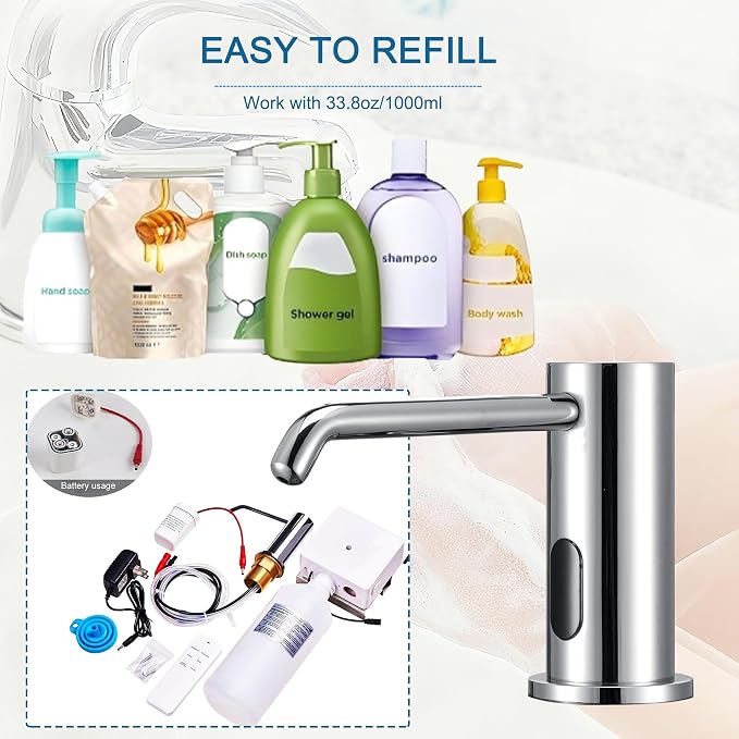 Touchless Automatic Soap Dispenser Built-in Sink Electric Soap Dispenser for Kitchen Bathroom Commercial Home Use, Infrared Sensor with 33.81oz/1000ml Bottle Pump, Chrome