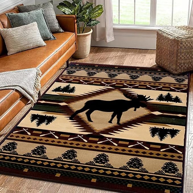 Village Native Cabin Style Area Rugs for Bedroom Non-Slip Retro Moose Deerlet Rugs Balcony Decor Bohemian Moroccan Deer Carpet Floor Mat 5'x7'
