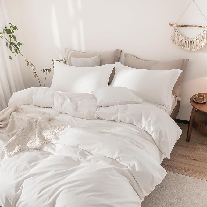 Linen Feel Duvet Cover Full Size 90inch x 80inch,100% Washed Cotton Duvet Cover with Zipper Closure and 2 Pillowcases, Color of Off White