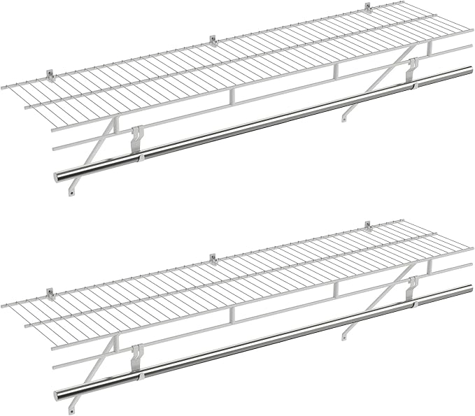 COSTWAY Closet Shelves Wall Mounted, Ventilated Shelf with Hanging Rod | Metal Wire Shelving Kit, Wire Wall Shelf for Laundry Room, Bedroom, Home, Mounting Accessories Included (2, 4 ft x 12 in)