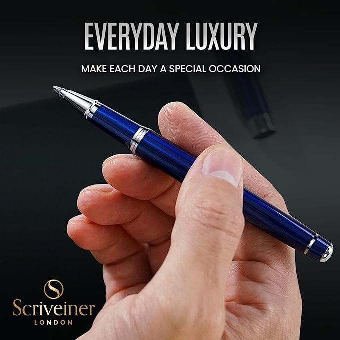 Scriveiner Personalized Midnight Blue Rollerball Pen - Stunning Blue Lacquer Luxury Pen, Chrome Finish, Schmidt Ink Refill, Best Engraved Roller Ball Gift Set for Men & Women, Custom Name Engraving