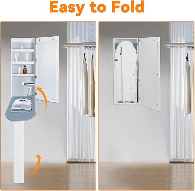 Wall Ironing Board Cabinet Built-in 35" L Ironing Board Fold Down Ironing Board Cabinet with Storage Cabinet, Mirrors, Support Table for Home Apartment, White 14" L x 6.9" W x 37.4" H
