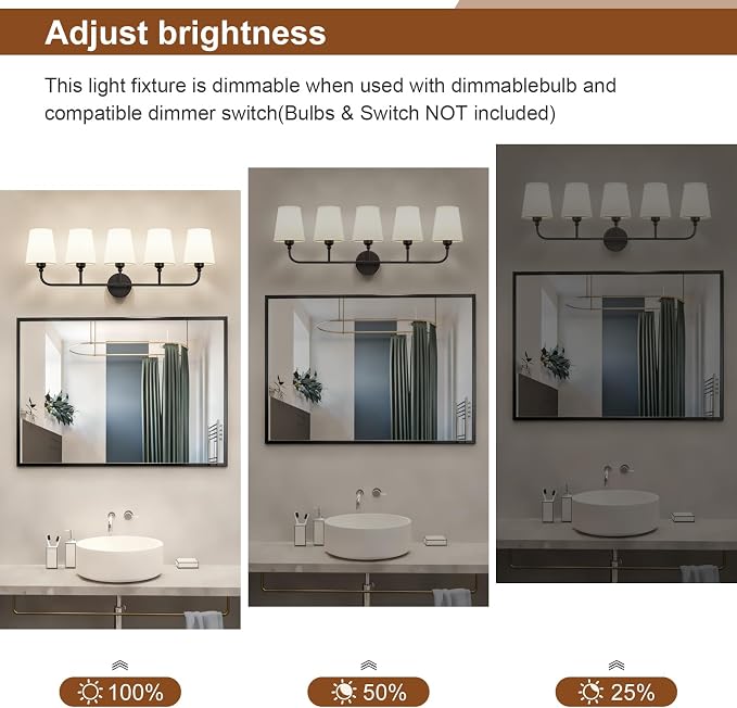 Bathroom Vanity Light, Matte Black Bathroom Light Fixtures, 5-Light Lighting Fixtures Over Mirror, Modern Wall Sconce with Flared White Fabric Shade, E26 Socket(ETL Listed)