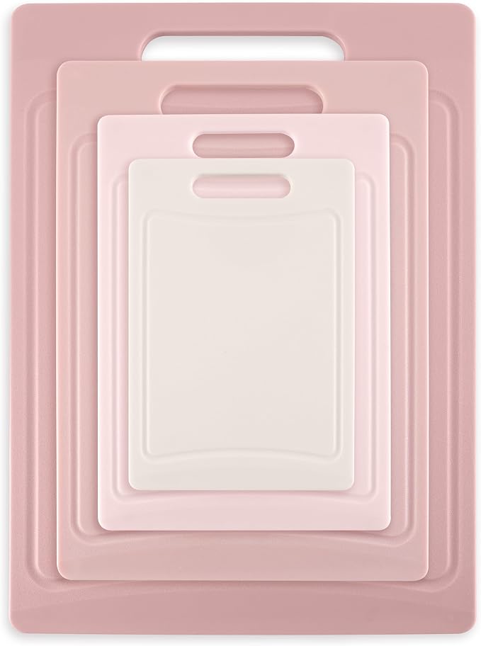 COOK WITH COLOR Non-Slip Cutting Board Set – Kitchen Essentials with Easy Grip Handle for Meat, Veggies, and Fruits, 4 Cutting Boards, Pink