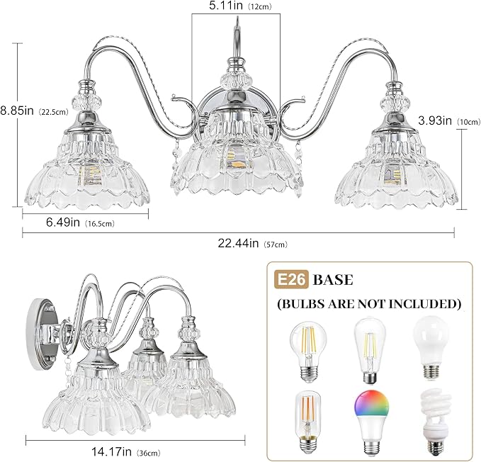 Brushed Chrome Bathroom Vanity Light, 3-Light Chrome Finish Wall Sconce with Hanging Crystal Accents and Flower-Shaped Clear Glass Shades, Modern Wall Mount Vanity Light Over Mirror for Bathroom