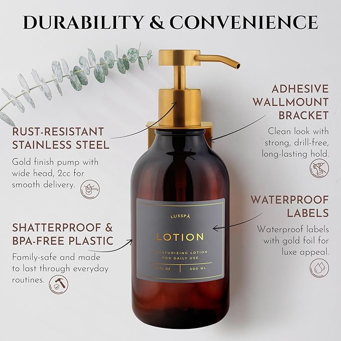 Shower Shampoo Dispenser Wall Mounted – 3 Refillable 16.9 oz Amber Bottles with Stainless Steel Pumps & No-Drill Adhesive Holders – Soap Dispenser Set for Bathroom (3 X Amber/Gold)