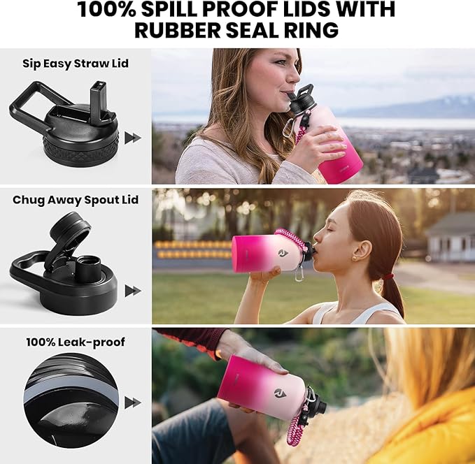 RAYMYLO Insulated Water Bottle 64 oz, Triple Wall Vacuum Stainless Steel (Cold for 48 Hrs), Leak Proof & Non-BPA, Half Gallon Water Flask Jug with Paracord Handle & Straw Spout Lids, Ombre Pink