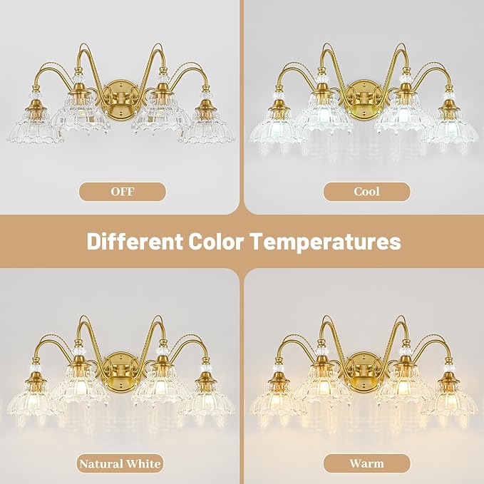 Vintage Bathroom Vanity Light, 4-Light Brushed Gold Finish Wall Sconce with Hanging Crystal Accents and Flower-Shaped Clear Glass Shades, Retro Wall Mount Vanity Light Over Mirror for Bathroom