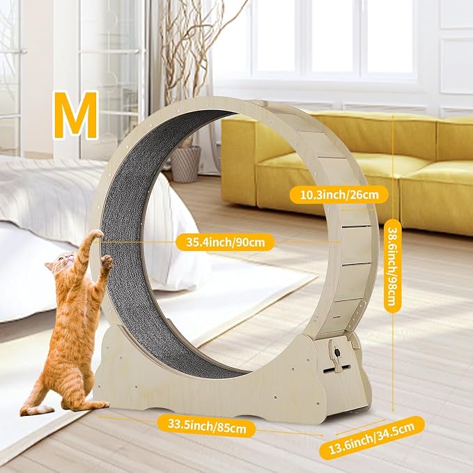 Homegroove 35.4 Inch Cat Exercise Wheels for Indoor Cats, Versatile Cat Toy Running Wheel Treadmill with Detachable Carpet for Weight Loss and Health, Natural Wood Color(M)