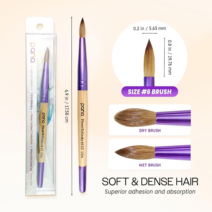 Pana Acrylic Nail Brush Pure Kolinsky Hair Beige Purple Wood Handle with Purple Ferrule Round Shaped Style (Size # 6)