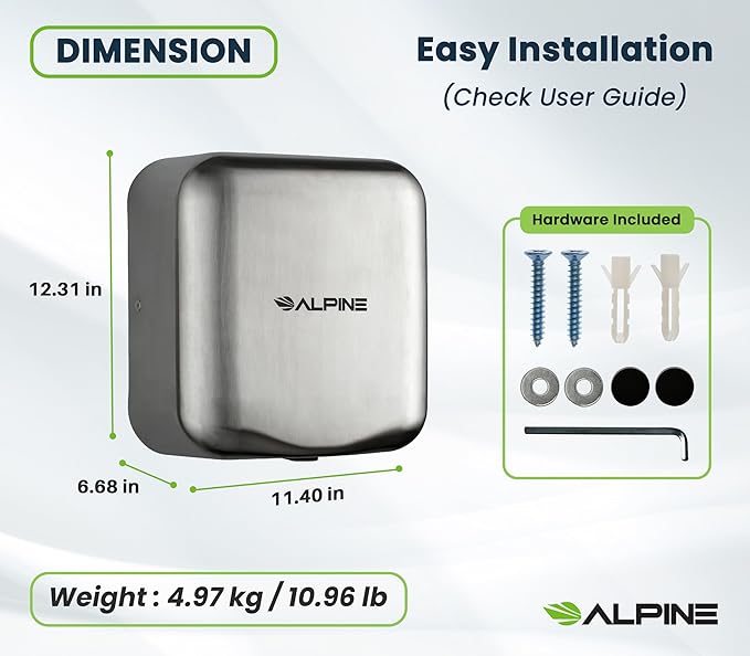 Alpine Hemlock Hand Dryer for Bathroom - Heavy Duty Stainless Steel, Commercial High Speed Hot Air Hand Blower | 1800Watts | 110-120Volts | Quick & Easy Installation - 5 Years Coverage