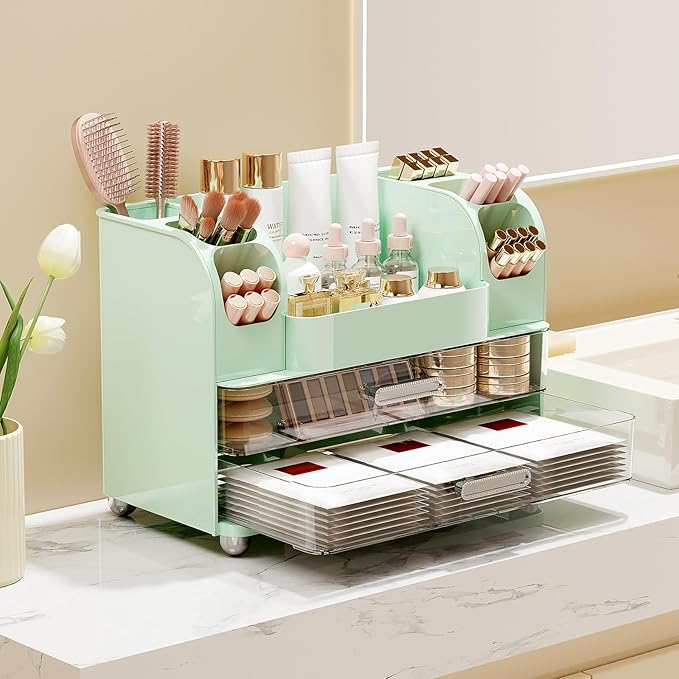 UFORU Makeup Organizer for Vanity with 2 Large Drawers, Cosmetic Display Case with Brush Holders, Easy to Storage for Bathroom Countertop Skincare, Perfume, Green