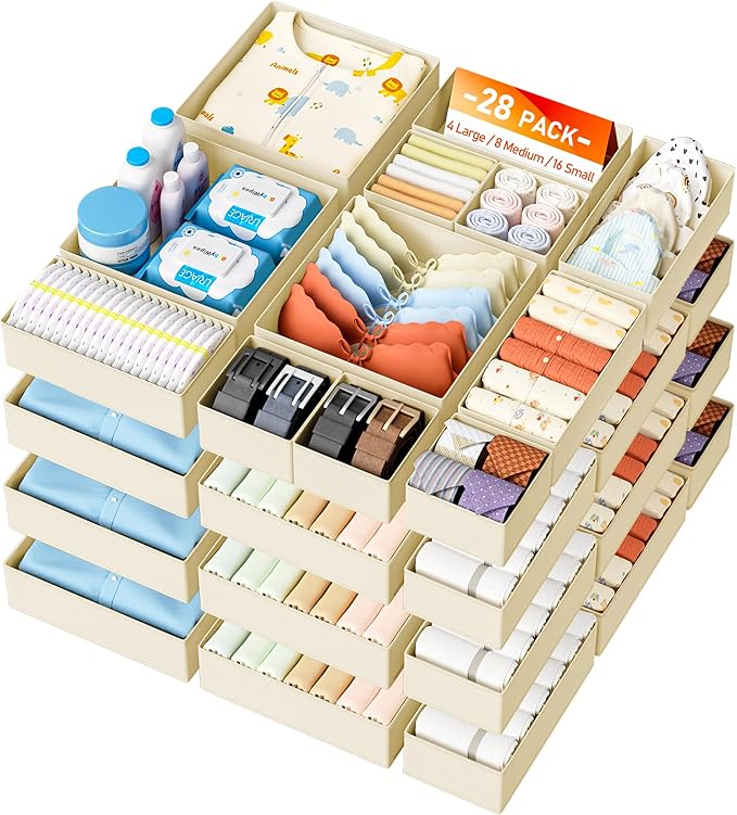 DIMJ Drawer Organizer Clothes 28 Pack - Foldable Baby Organizers and Storage & Closet Organizers for Bedroom, Closet - Nursery Organization Dresser Dividers for underwear, Sock,Bra, Belt, Tie,Beige