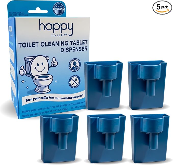 Happy Toilet Cleaner Original Toilet Bowl Tablet Holder Automatic Toilet Bowl Cleaner - Easy Install Toilet Tablet Holder, Auto Toilet Cleaning System Tank Caddy, Septic Safe Flush, Made in USA (5PK)
