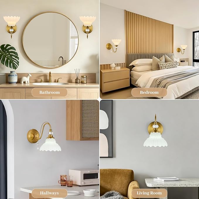 1 Piece Vintage Wall Sconce, 1-Light Brushed Gold Finish Wall Sconce with Hanging Crystal Accents and Flower-Shaped White Shades for Bathroom Bedroom Living Room,Vintage Vanity Light