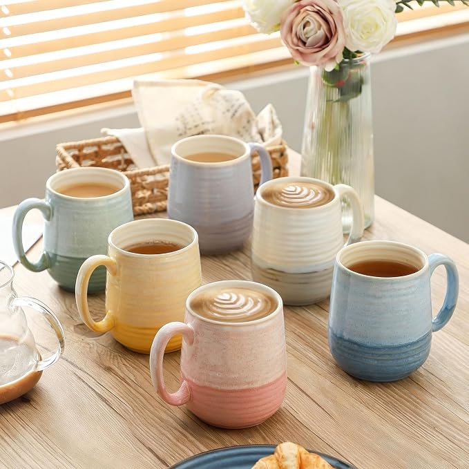 HASENSE Coffee Mugs, 12 oz Porcelain Coffee Cups Set of 6, Two-Tone Reactive Glaze Mugs Gift for Women and Men, Big Colorful Tea Cup for Latte, Cappuccino & Hot Chocolate, Dishwasher Microwave Safe